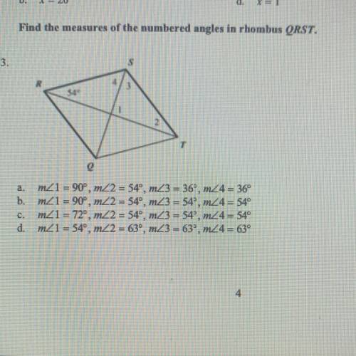 Find the measures of the numbers angles in rhombus QRST