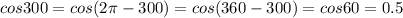 cos 300 = cos(2\pi - 300 ) = cos( 360 - 300) = cos 60 = 0.5