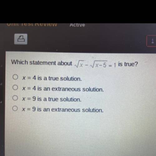 Which statement about square root of x minus square root of x-5 =1 is true