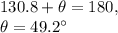 130.8+\theta=180,\\\theta=49.2^{\circ}