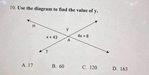 Use the Diagram to find the value of y.
A. 17
B. 60
C. 120
D. 163