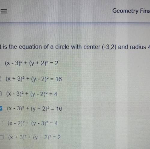 Picture included!

what is the equation of a circle with center (-3, 2) and a radius 4?I already k