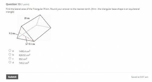 Find the lateral area of the Triangular Prism. Round your answer to the nearest tenth. (Hint - the