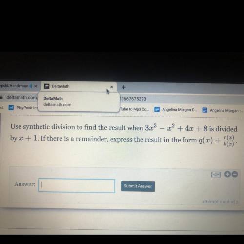 HELP ITS URGENT!

Use synthetic division to find the result when 3x3 – x2+ 4x + 8 is divided by x