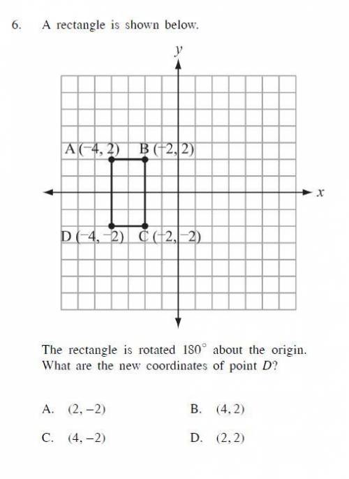 The rectangle is rotated 180 degrees about the orgin. What are the new coordinates of point D?