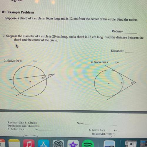 Find radius and distance 
solve for x
please show work!!!