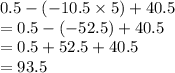0.5 - ( - 10.5 \times 5) + 40.5 \\  = 0.5 - ( - 52.5) + 40.5 \\  = 0.5 + 52.5 + 40.5 \\  = 93.5
