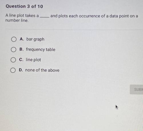 WILL GIVE BRAINLIEST

A line plot takes a _____
and plots each occurrence of a data point on a num