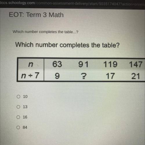 Which number completes the table?
n
63
91
119
147
n7
9
?
21