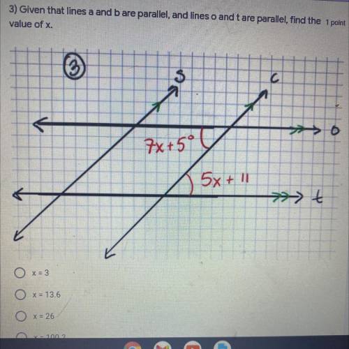 3) Given that lines a and b are parallel, and lines o and t are parallel, find the point

value of