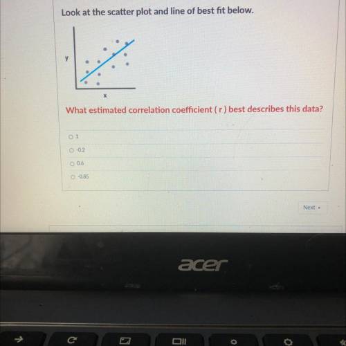 HELPPP ASAP!
What estimated correlation coefficient (r) best describes this data?