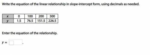 Write the equation of the linear relationship in slope-intercept form, using decimals as needed.