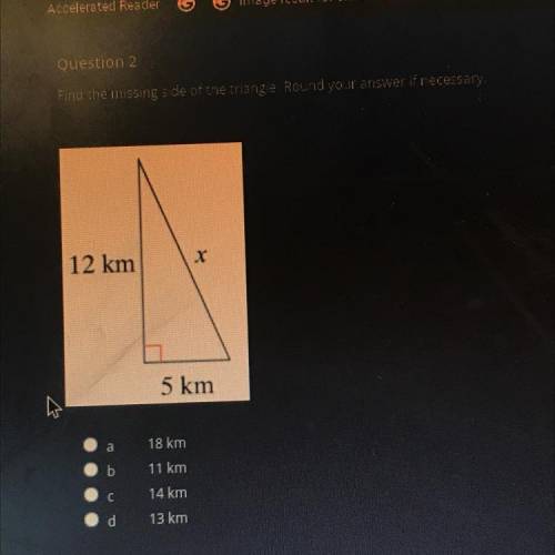 Find the missing side of the triangle. Round your answer if necessary,

12 km
5 km
Help me please