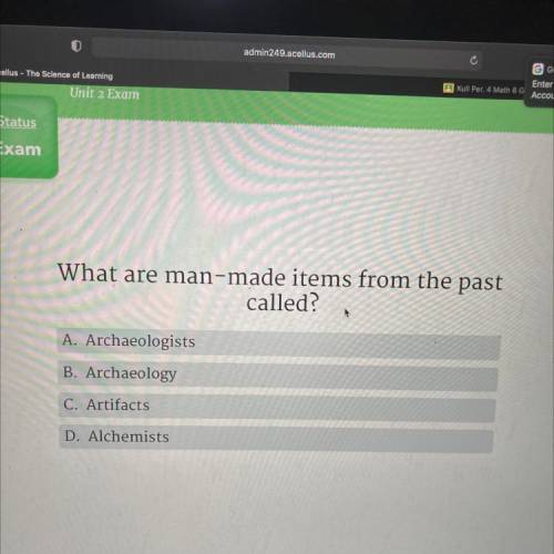 What are man-made items from the past

called?
A. Archaeologists
B. Archaeology
C. Artifacts
D. Al