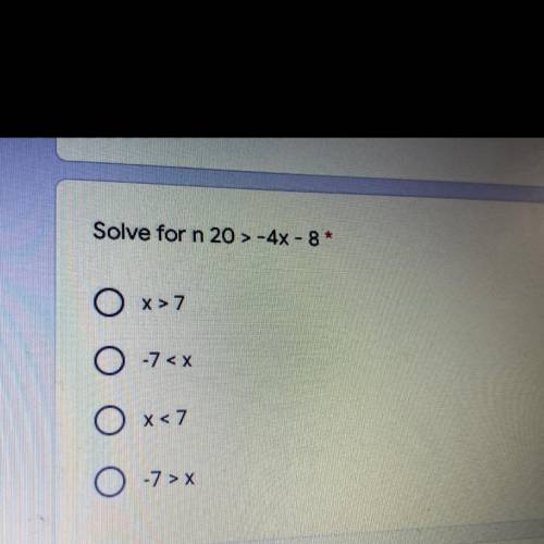 Solve for n 20 > -4x - 8