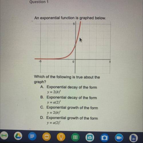 An exponential function is graphed below. Which of the following is true about the graph?