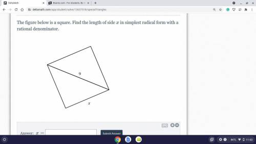 The figure below is a square. Find the length of side xx in simplest radical form with a rational d