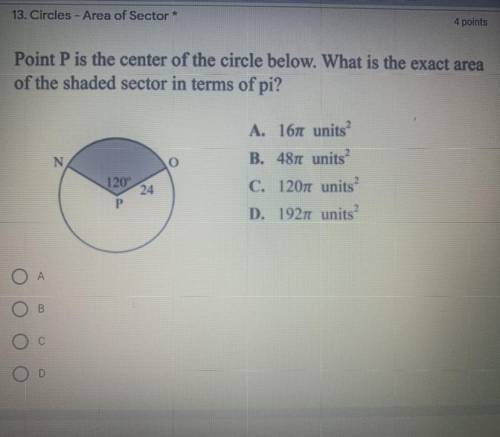 Point P is the center of the circle below. What is the exact area

of the shaded sector in terms o