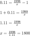 0.11 = \frac{1998}{x} - 1\\\\1 + 0.11 = \frac{1988}{x}\\\\1.11 = \frac{1998}{x}\\\\x = \frac{1998}{1.11} = 1800