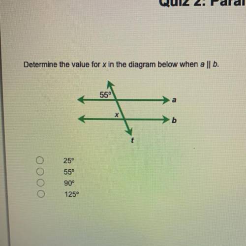 Determine the value for x in the diagram below when a || b.

55°
х
b
25°
55°
оооо
90°
125°