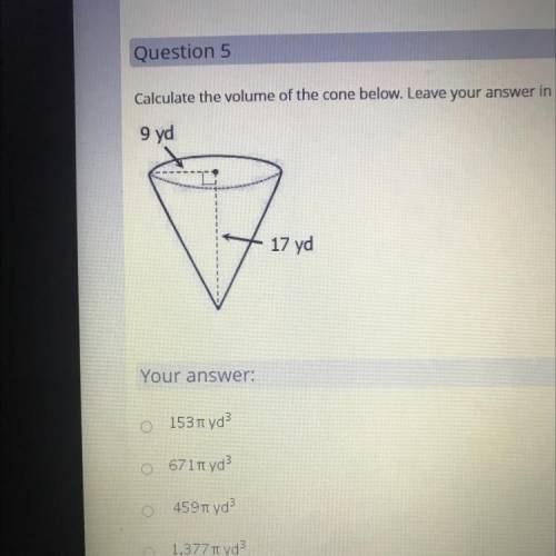 Calculate the volume of the cone below. Leave your answer in exact form.