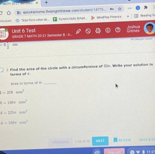 Find the area of the circle with a circumference of 30(pie). Write your solution in terms of (pie)