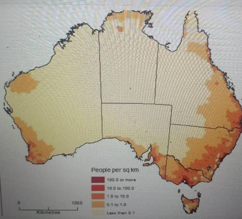 -. Which of the following best describes the population density distribution of Australia?

A. Mos