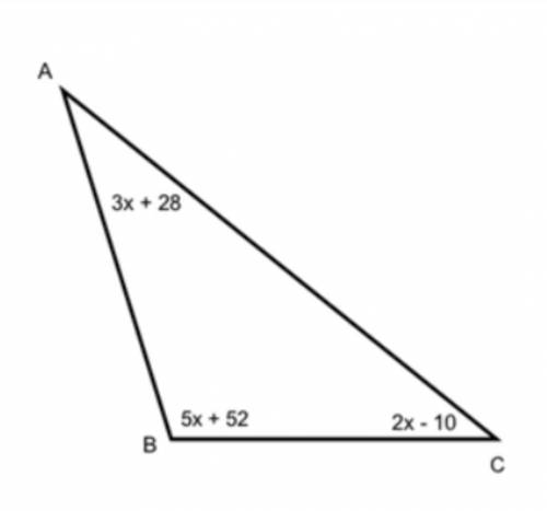 Triangle ABC has angle measures as shown.

A) what is the value of x? show your work. 
B) what is