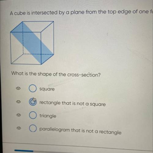 A cube is intersected by a plane from the top edge of one face to the bottom edge of the opposite f