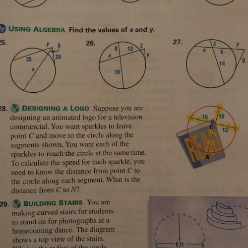 Find the values of x and y in a circle. 25-27