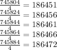 \frac{745804}{4}  = 186451 \\  \frac{745824}{4}  = 186456 \\  \frac{745844}{4}  = 186461 \\  \frac{745864}{4}  = 186466 \\  \frac{745884}{4}  = 186472