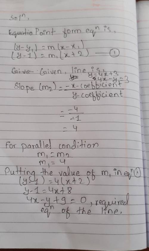Write the equation of the line passing through the point (−2, 1) that is parallel to y=−4x+3.