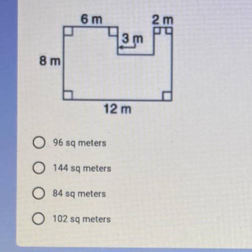 Find the area
96 sq meters
144 sq meters
84 sq meters
102 sq meters