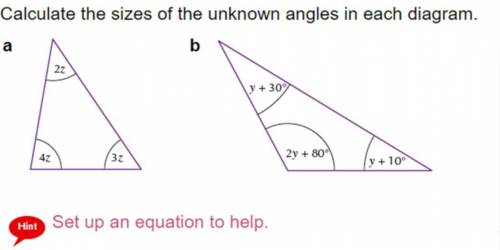 Calculate the sizes of the unknown angles in each diagram.
Please, answer with explanation.