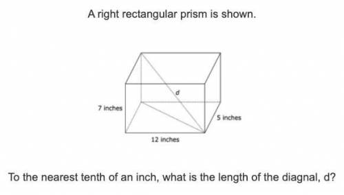 A right rectangular prism is shown.

To the nearest tenth of an inch, what is the length of the di