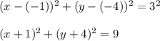 (x - (-1))^2 + (y-(-4))^2 = 3^2\\\\(x+ 1)^2 + (y+4)^2 = 9