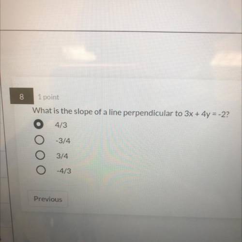 What is the slope of a line perpendicular to 3x + 4y = -2?