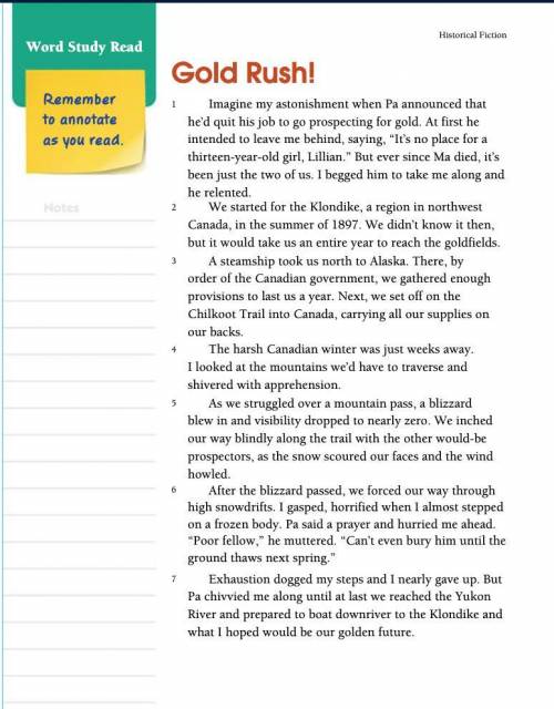 Write a three-sentence summary of “Gold Rush!” using at least one word from the spelling list in ea