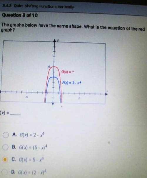 Help asap The graphs below have the same shape. What is the equation of the red graph? G(x) = O A.