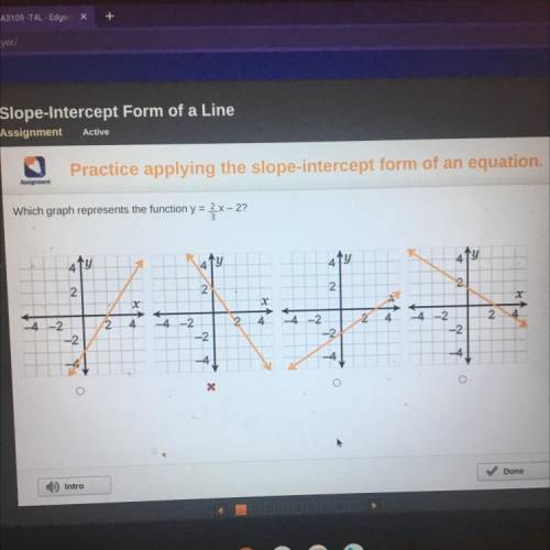 Practice applying the slope

Assignment
Which graph represents the function y = 2 X-2?
{
Ty
41y
4.