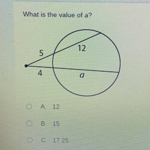 What is the value of a?
A. 12
B. 15
C. 17.25
D. 21.25