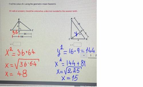 Find the value of x using the geometric mean theorems.

All radical answers should be entered as a