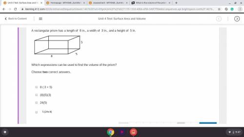 Which expressions can be used to find the volume of the prism?