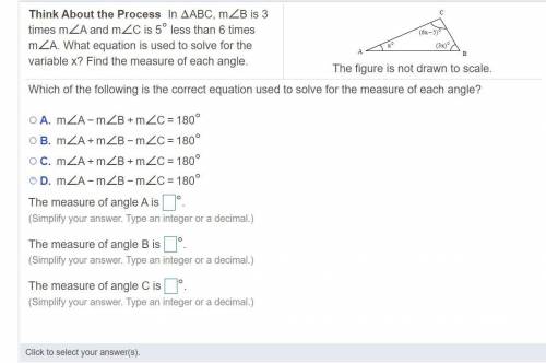 Which of the following is the correct equation used to solve for the measure of each​ angle?