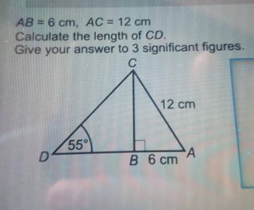 AB = 6 cm, AC = 12 cm

Calculate the length of CD.Give your answer to 3 significant figures.С12 cm
