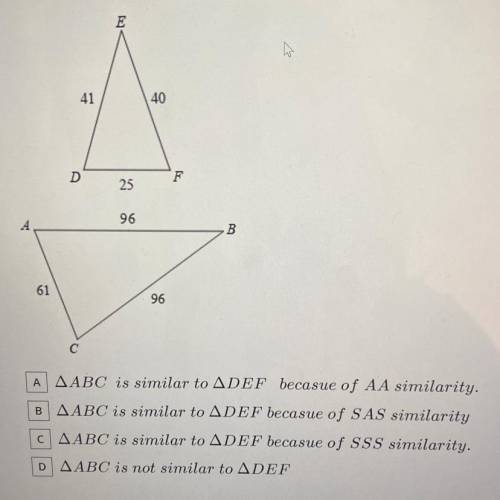 Determine whether triangle abc is similar to triangle def.

pls help i don’t understand any of thi