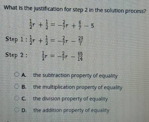 What is the justification for step 2 in the solution process?

1/2r+1/2=-2/7r+6/7-5Step 1: 1/2r+1/