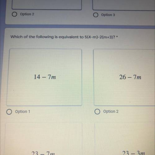 Which of the following is equivalent to 5(4-m)-2(m+3)? *
don’t give me that link .