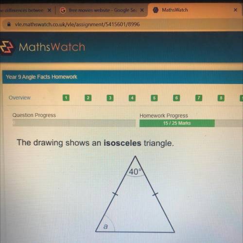 The drawing shows an isosceles triangle. Work out the size of angle a