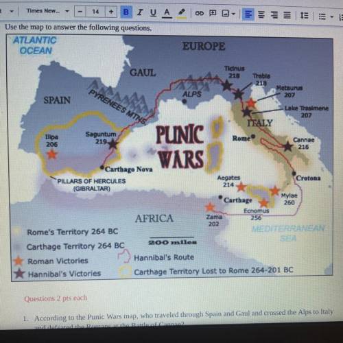 According to the Punic Wars map, who traveled through Spain and Gaul and crossed the Alps to Italy